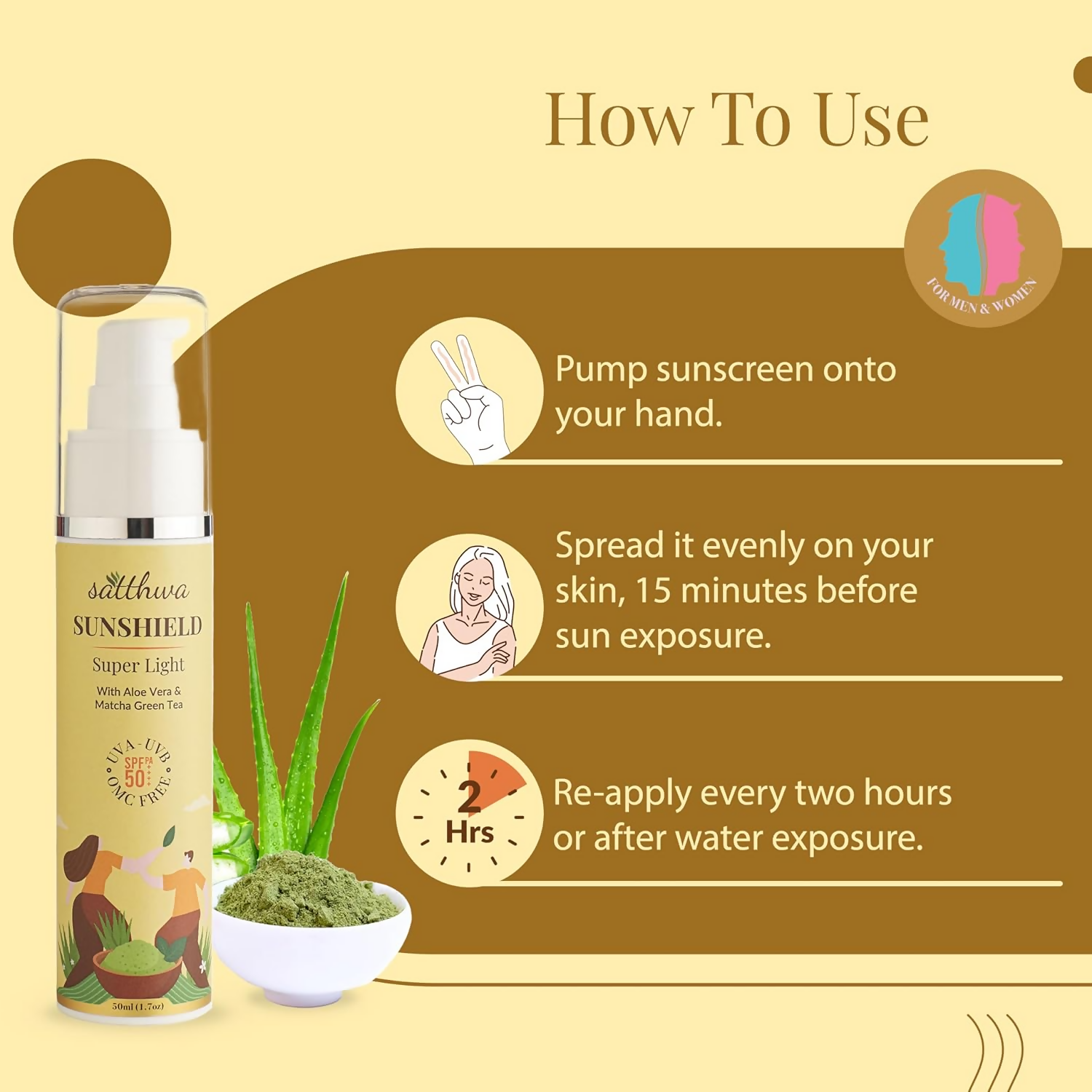 Satthwa Sunshield Super Light Sunscreen With Aloe Vera & Matcha Green Tea | Grocsy