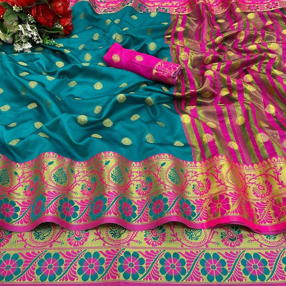 Vamika Cotton Rich Silk With Jacquard Weaving Rama Green Saree | Grocsy