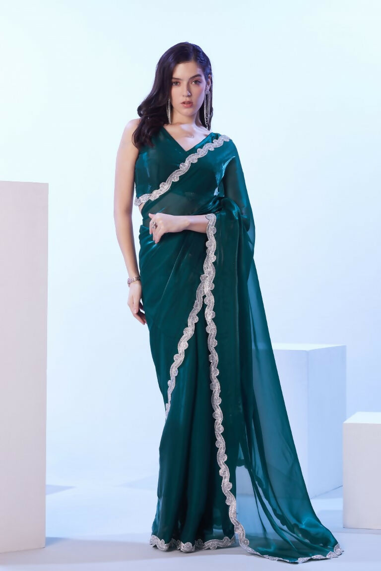 Teal Blue Satin Jimmy Choo Solid Designer & Lace Work Saree - Samaa | Grocsy