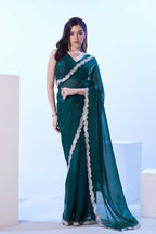 Teal Blue Satin Jimmy Choo Solid Designer & Lace Work Saree - Samaa | Grocsy