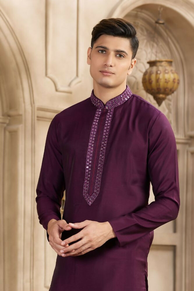 Raivat Ethnic Banarasi Art Silk Mirror Work Kurta Pajama In Wine Colour | Grocsy