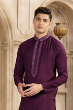 Raivat Ethnic Banarasi Art Silk Mirror Work Kurta Pajama In Wine Colour | Grocsy