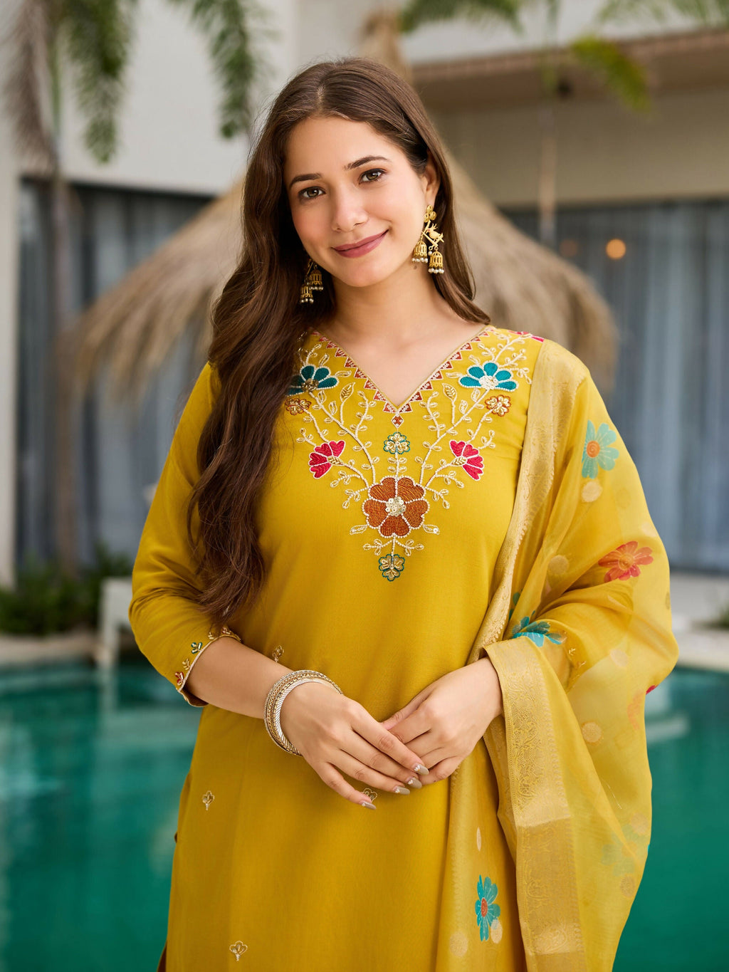 The52 Yellow Women's Gorgeous Embroidered work Viscose Gadhwal Fabric Straight Kurta, Pant and Dupatta Set | Grocsy