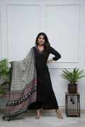 The52 Black Women's Gorgeous Parampara Fabric Embroidered Work Straight Kurta Palazzo and Dupatta Set | Grocsy