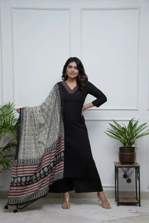The52 Black Women's Gorgeous Parampara Fabric Embroidered Work Straight Kurta Palazzo and Dupatta Set | Grocsy