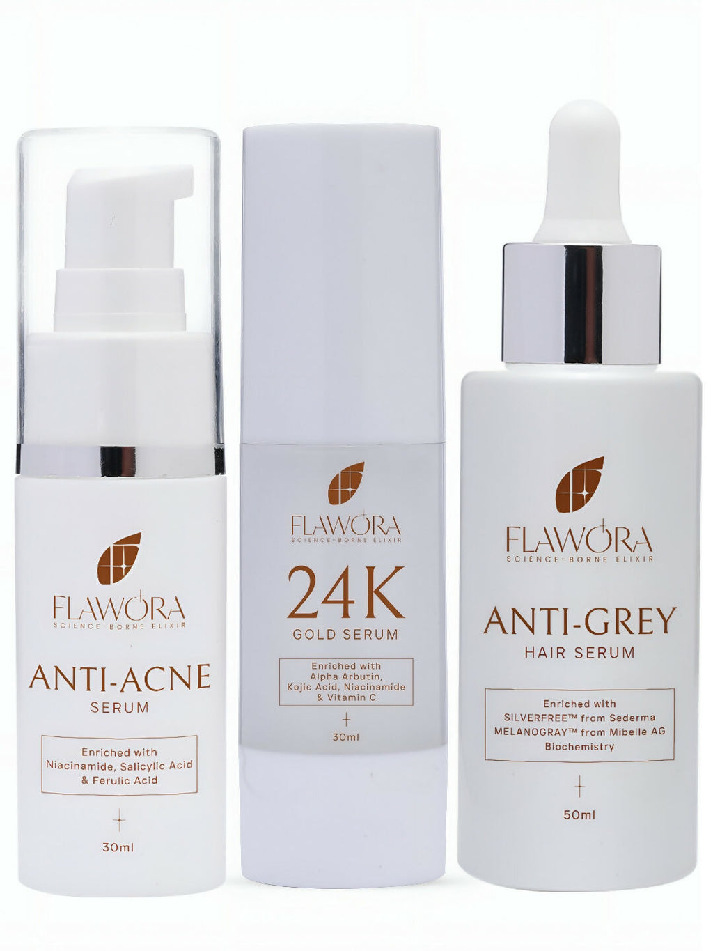 Flawora Set of Anti-Grey Hair Serum, Anti Acne Serum and Golden Glow Face Serum | Grocsy