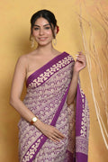 Very Much Indian Handblock Printed Cotton Saree With Natural Dyes - White | Grocsy