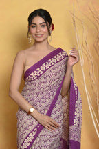 Very Much Indian Handblock Printed Cotton Saree With Natural Dyes - White | Grocsy