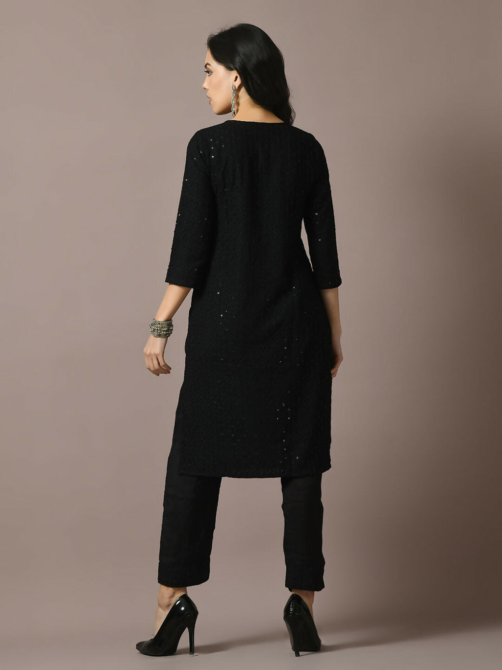 Myshka Women's Black Embroidered Cotton Straight Party Kurta Set | Grocsy