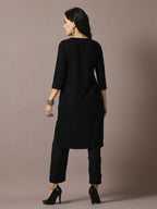 Myshka Women's Black Embroidered Cotton Straight Party Kurta Set | Grocsy