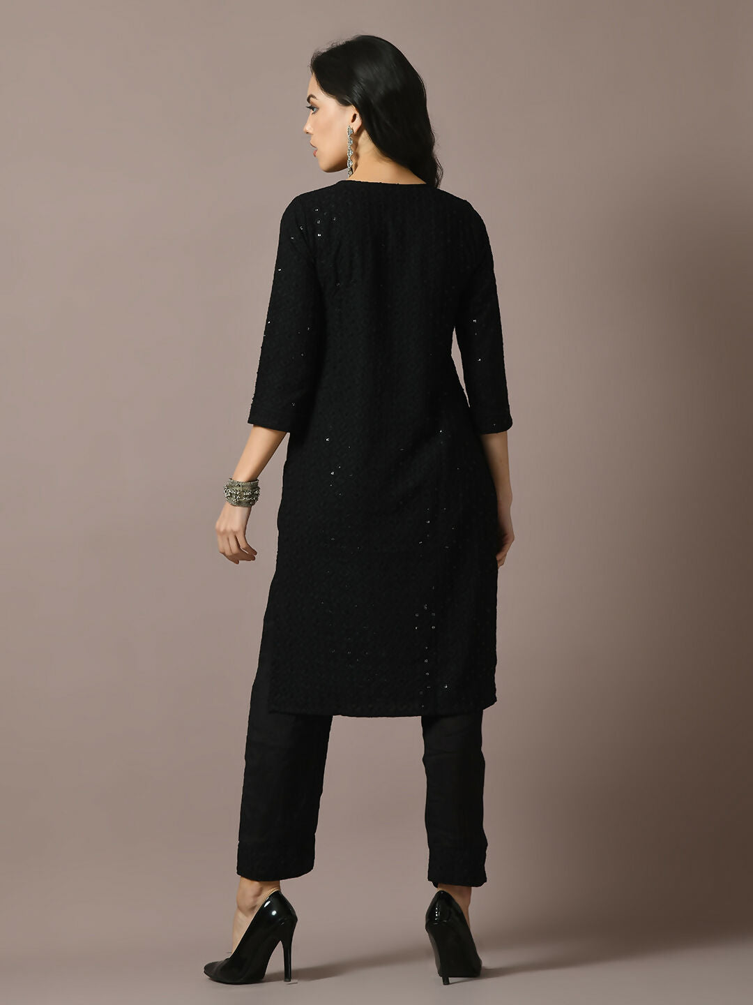 Myshka Women's Black Embroidered Cotton Straight Party Kurta Set | Grocsy