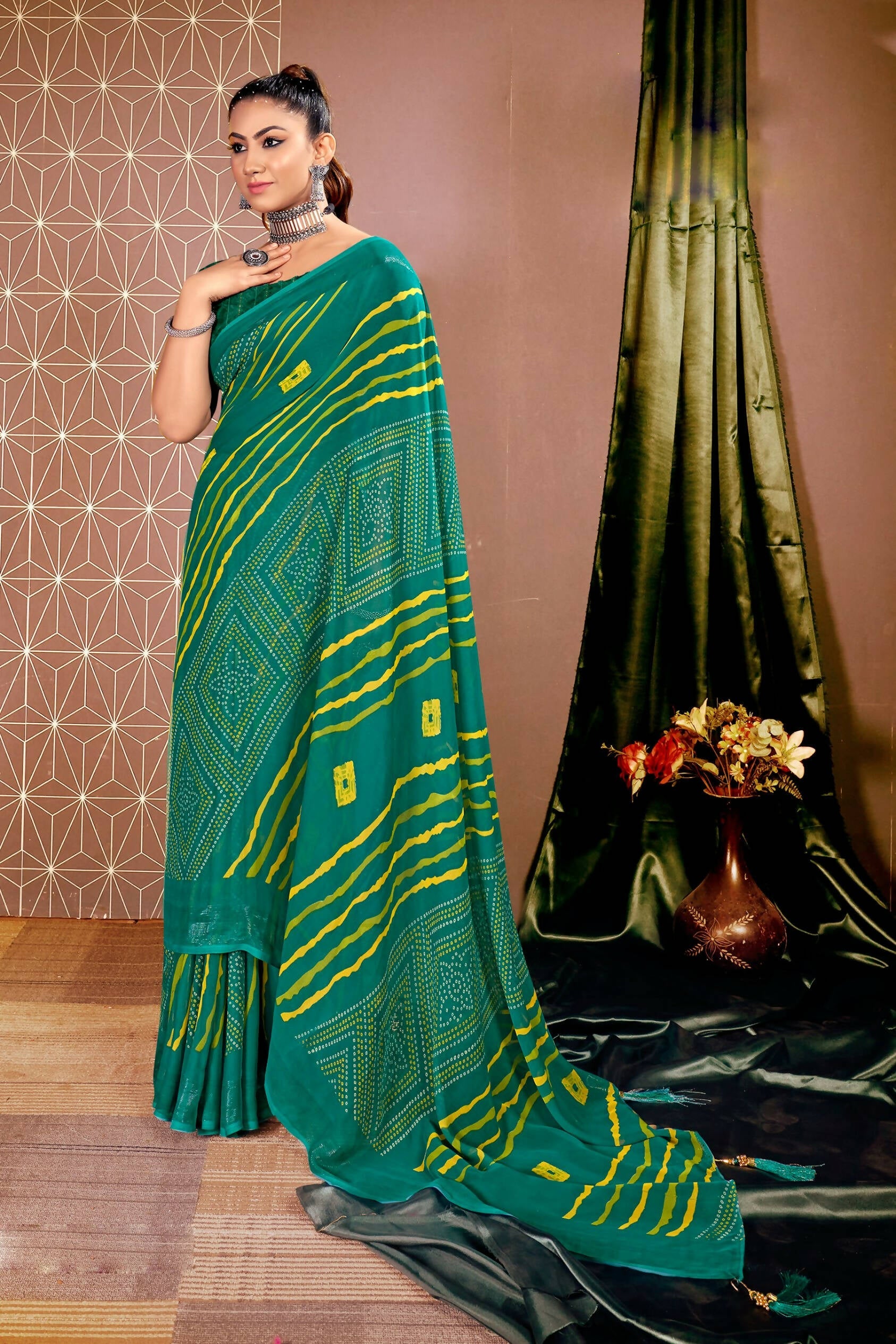 Teal Chiffon Leheriya Printed Saree With Unstitched Blouse Piece - Shanaya | Grocsy