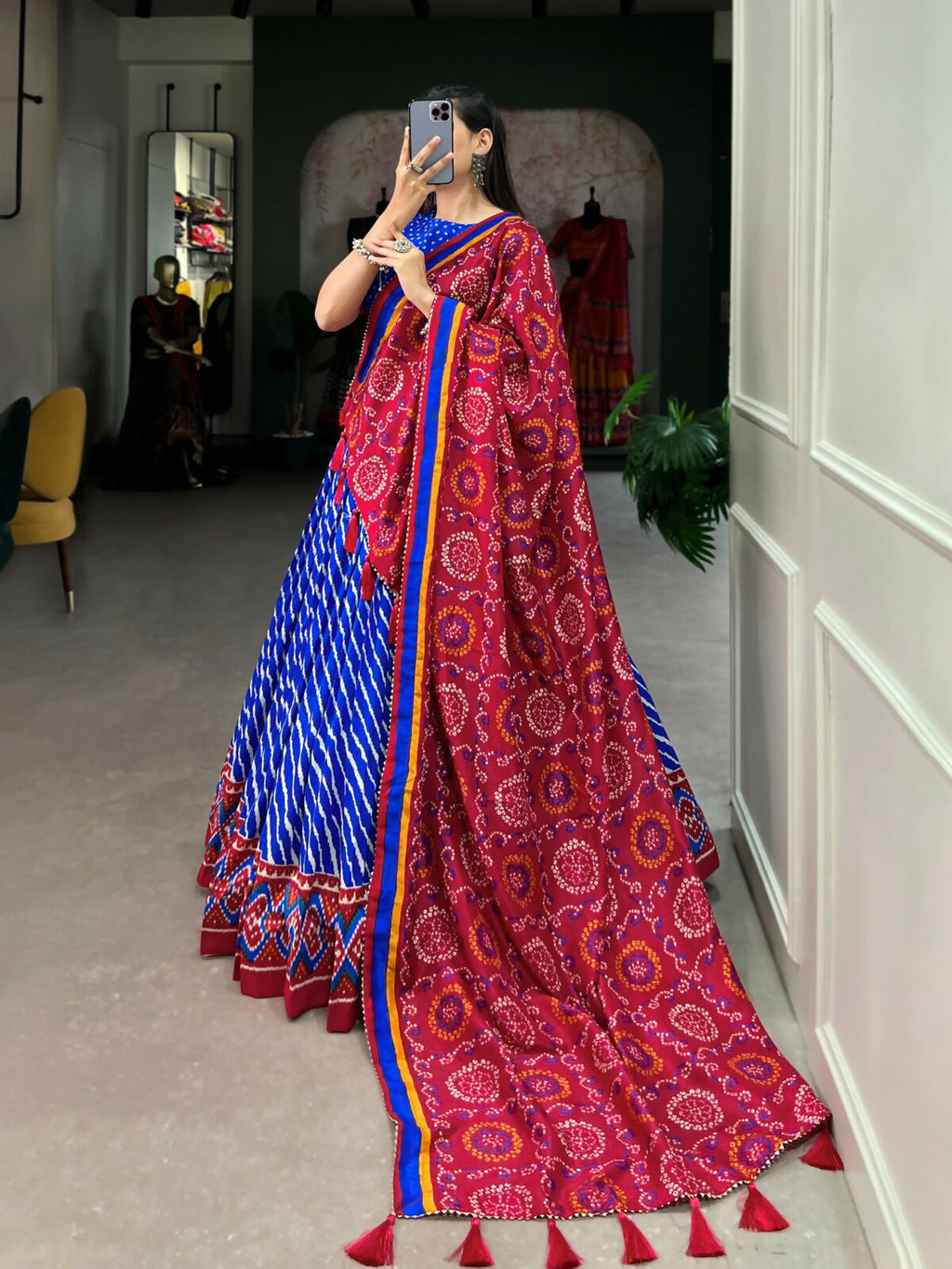 Vastranavya Cultural Leheriya With Patola Print Border Tussar Silk Lehenga Choli - Royal Blue | Grocsy