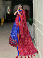 Vastranavya Cultural Leheriya With Patola Print Border Tussar Silk Lehenga Choli - Royal Blue | Grocsy