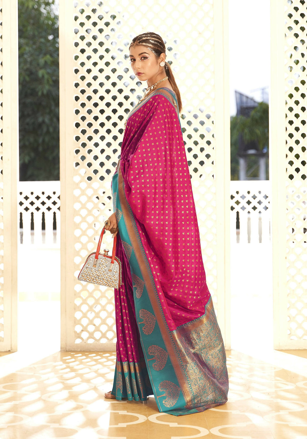 Pink Soft Banarasi Paithani Copper Zari Weaving Saree With Unstitched Blouse Piece - Jodha | Grocsy