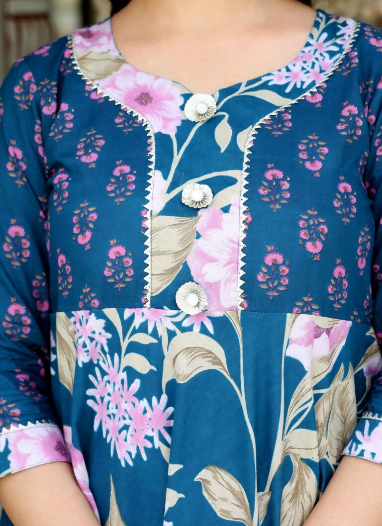 Miravan Women's Jaipuri Flower Printed Blue Anarkali Kurta With Beautiful Border Details | Grocsy