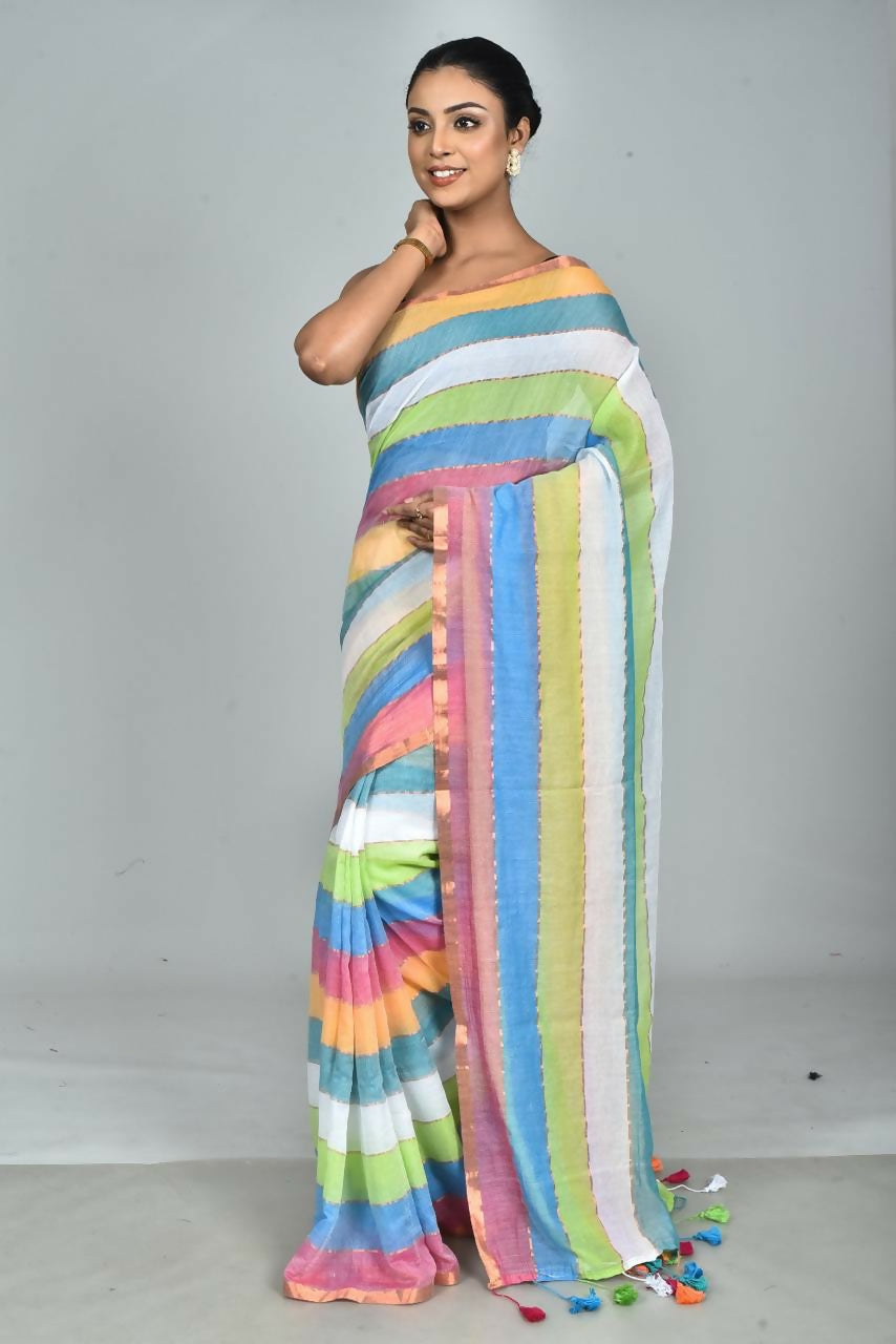 Exclusive Collection Beautiful Multi4 Pure Cotton Woven Handloom Saree With Running Blouse Piece | Grocsy