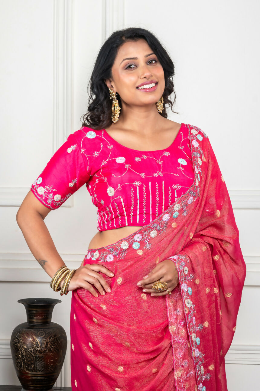 Morchari Pink Pure Chiffon Hand Embroidery Saree And Stitched Blouse | Grocsy
