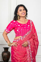 Morchari Pink Pure Chiffon Hand Embroidery Saree And Stitched Blouse | Grocsy