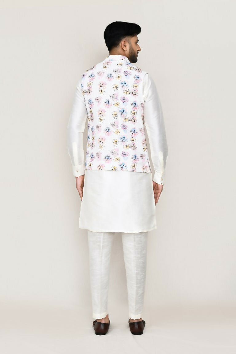 Joban Fashion White Colored Art Silk Fabric Kurta, Jacket With Straight Fit Pant | Grocsy