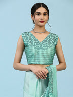 Sea Green Ombre Satin Georgette Plain Ready to wear Saree with stitched Blouse - Vrinda | Grocsy