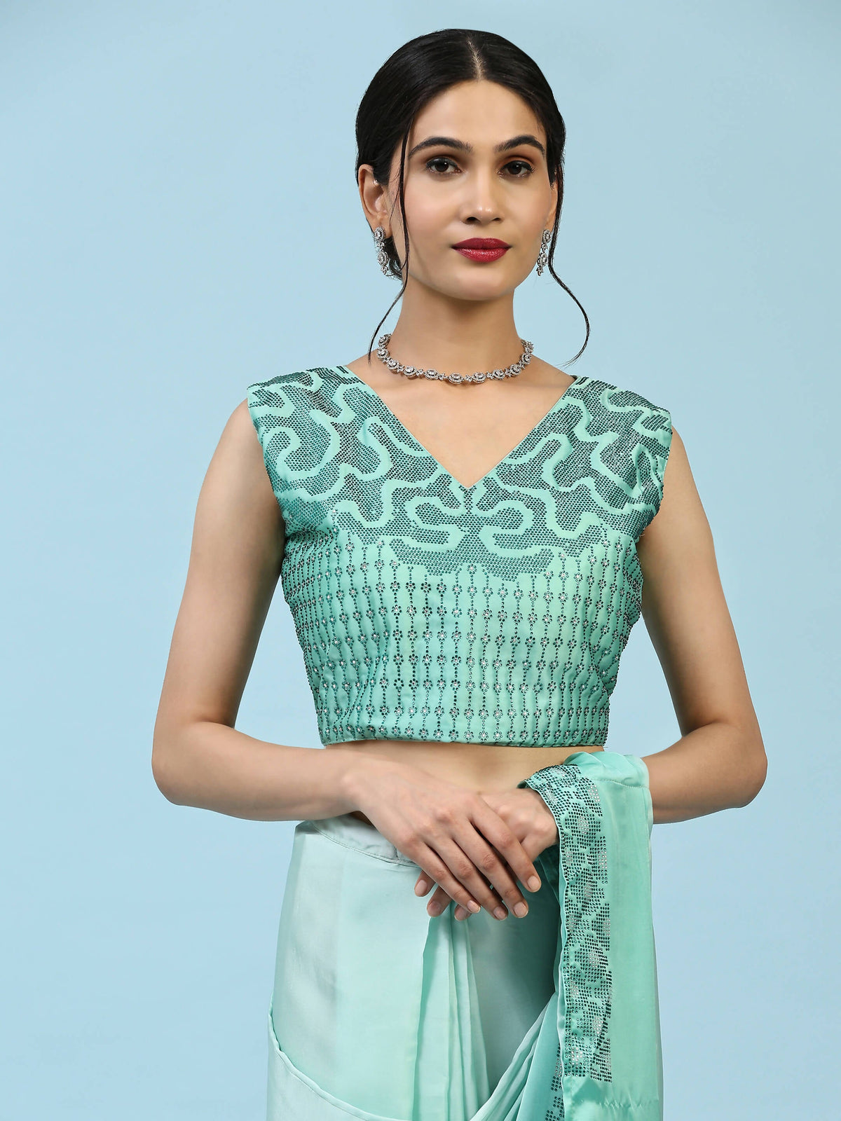 Sea Green Ombre Satin Georgette Plain Ready to wear Saree with stitched Blouse - Vrinda | Grocsy