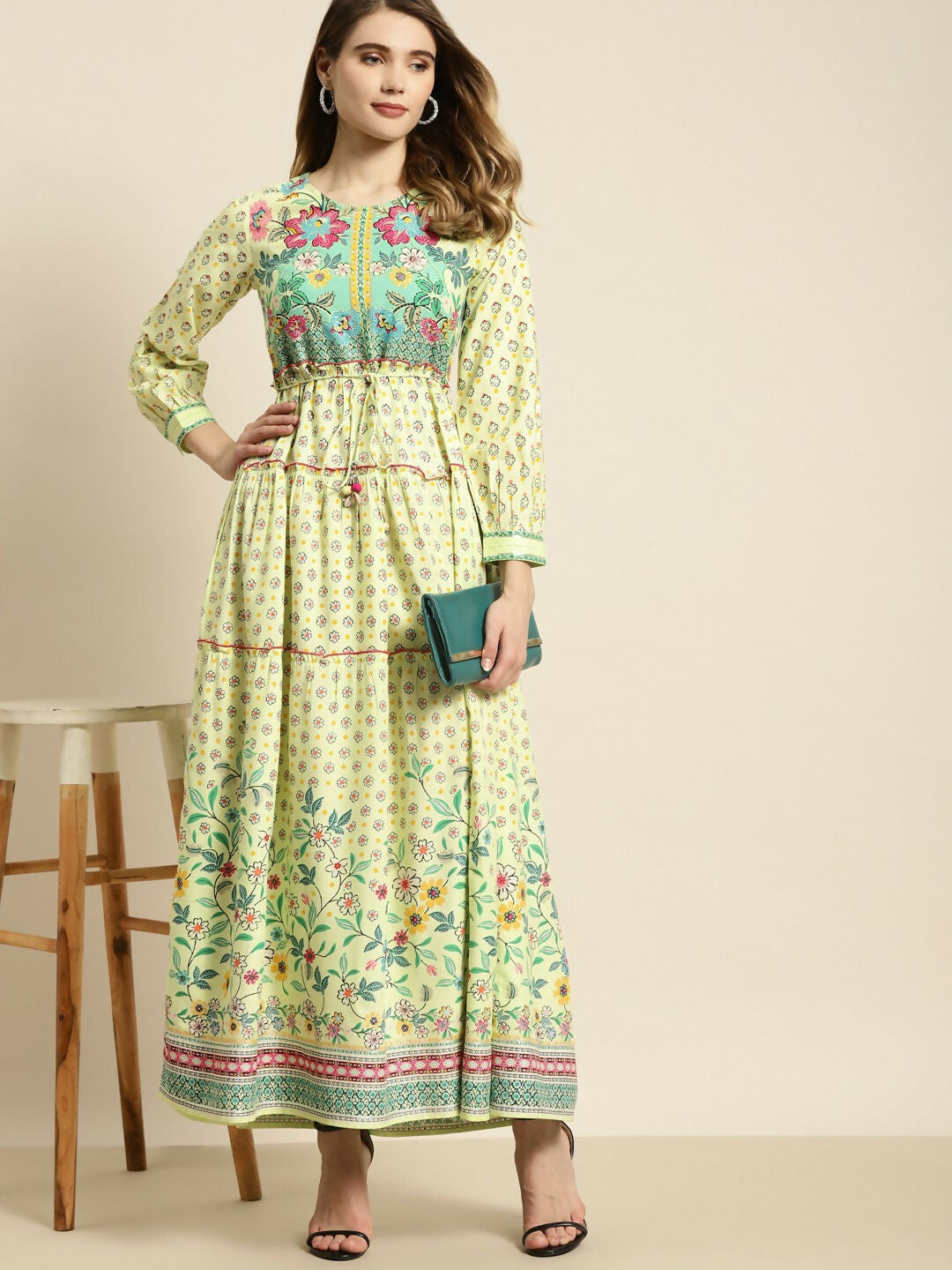 Juniper Lime Green Floral Printed Rayon Maxi Dress With Dori Tie-Up & Tassels On Waist | Grocsy