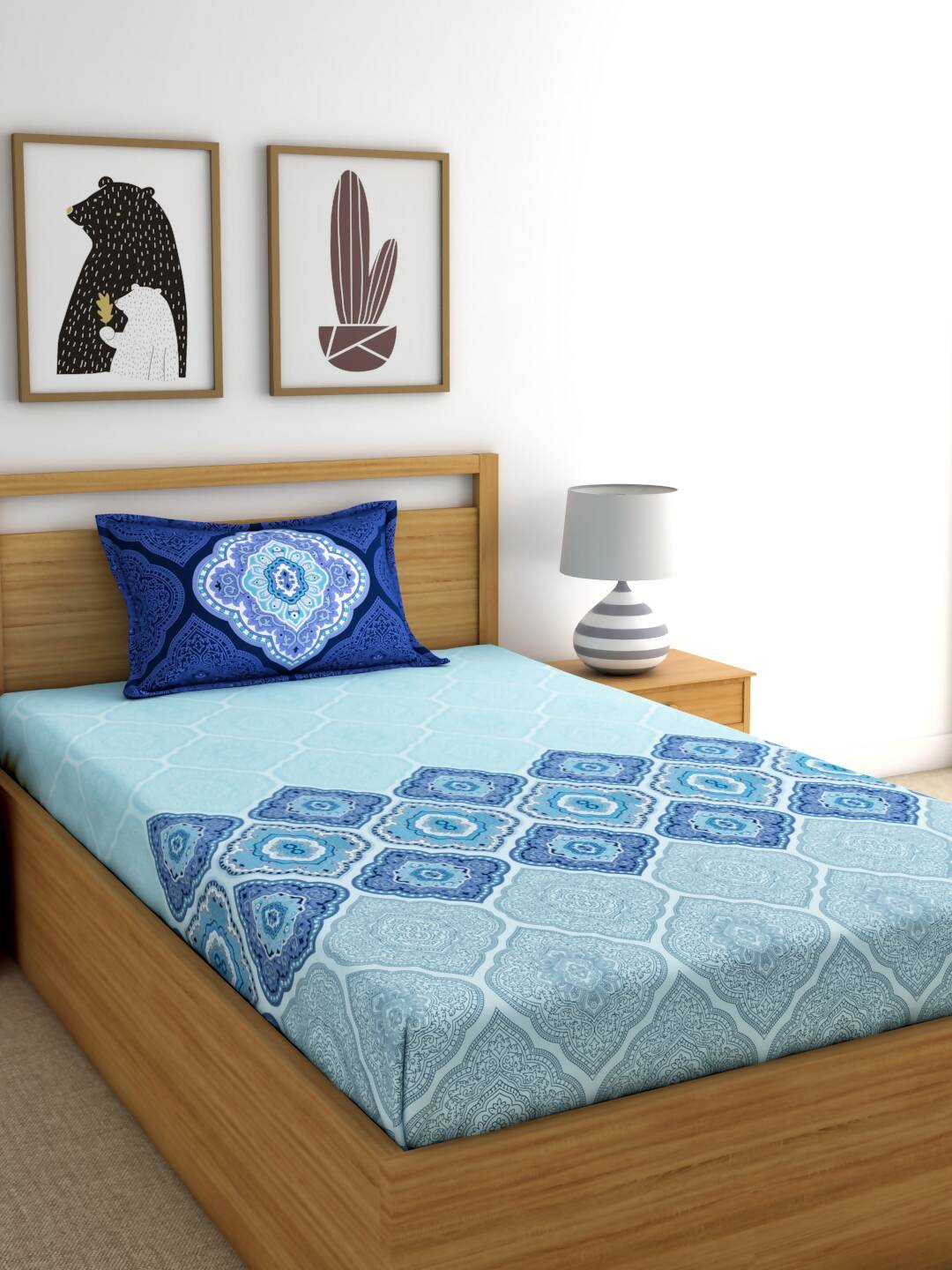 Dreamscape Blue & Turquoise Blue 140 TC Pure Cotton Bedsheet with Pillow Covers | Grocsy