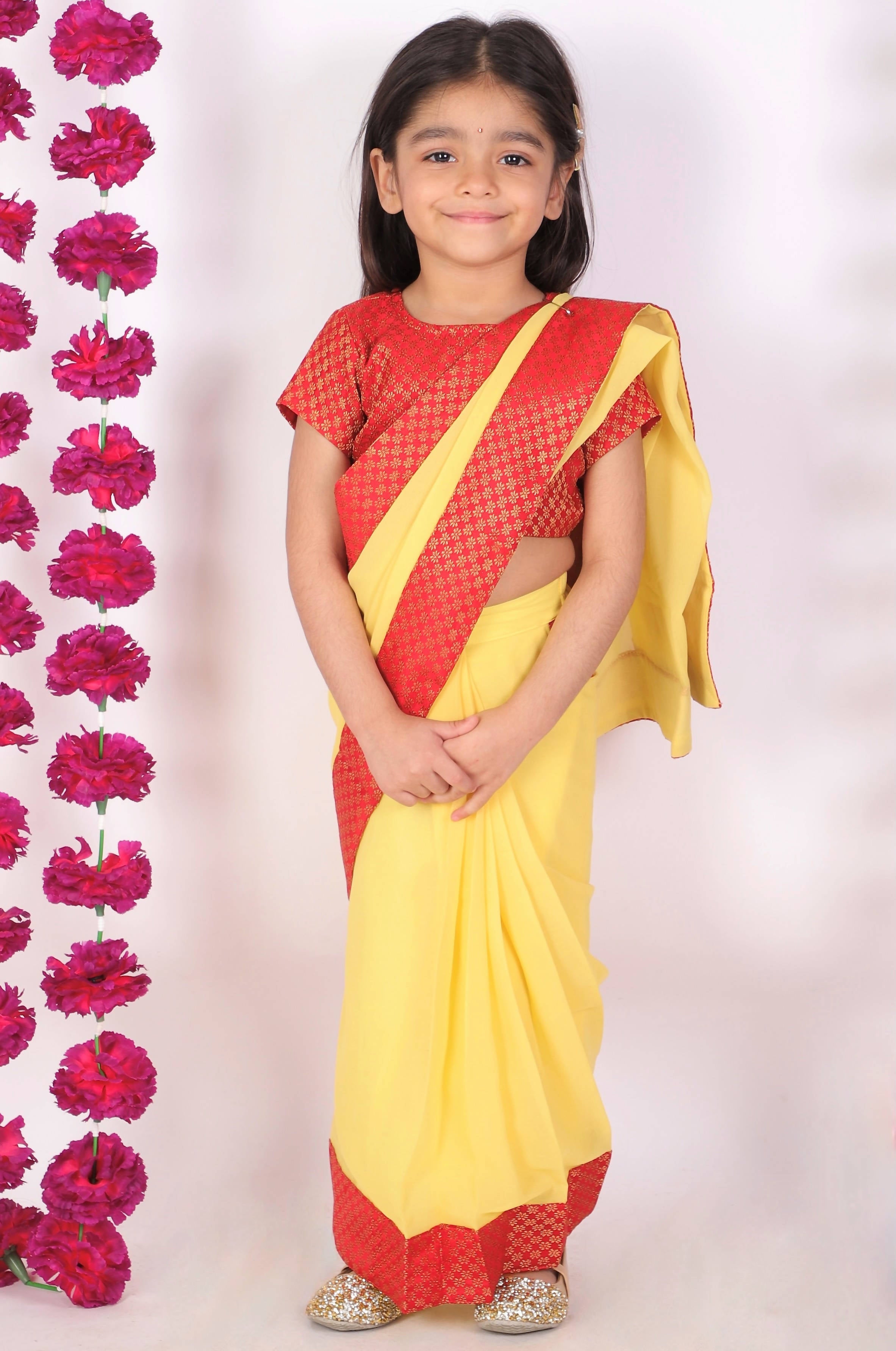 Little Bansi Girls Red and Yellow Color Saree with Floral Brocade Blouse | Grocsy