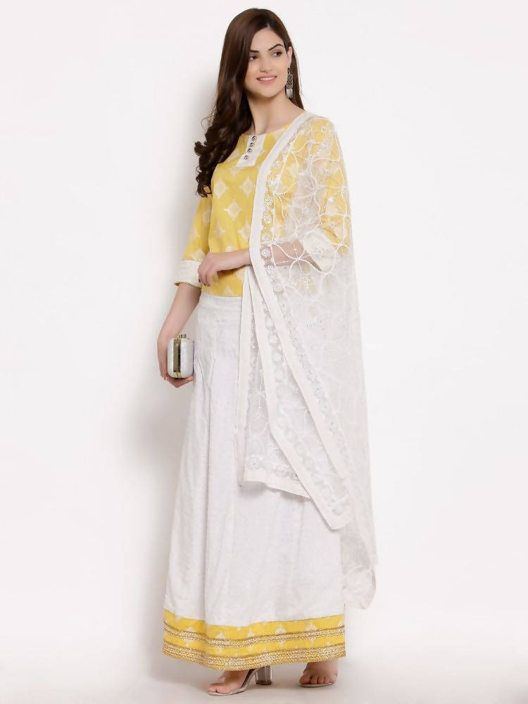Myshka Women's Yellow Cotton 3/4 Sleeve Round Neck Printed Casual Lehenga Choli Set | Grocsy