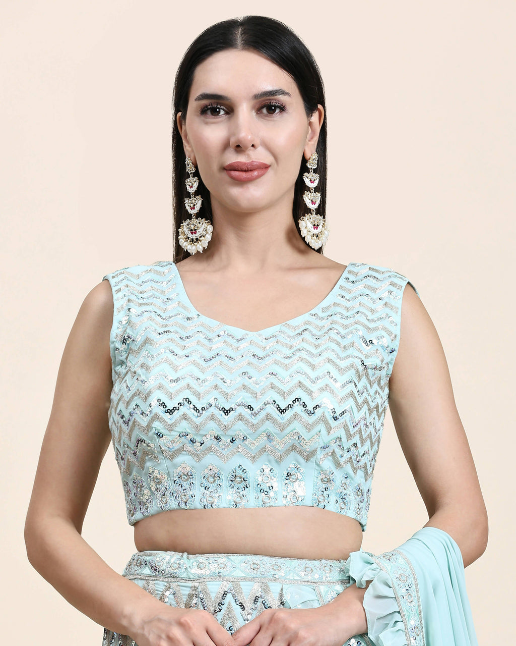 Sky Blue Pure Viscose Georgette Thread With Sequins Embroidery Work Lehenga Choli With Dupatta - Tanya | Grocsy