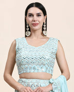 Sky Blue Pure Viscose Georgette Thread With Sequins Embroidery Work Lehenga Choli With Dupatta - Tanya | Grocsy