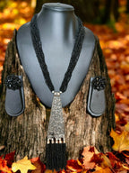 Inhanns Day-To-Dinner Tie Shaped Oxidized Black Metal Multi-Layered Long Necklace Set - Black | Grocsy