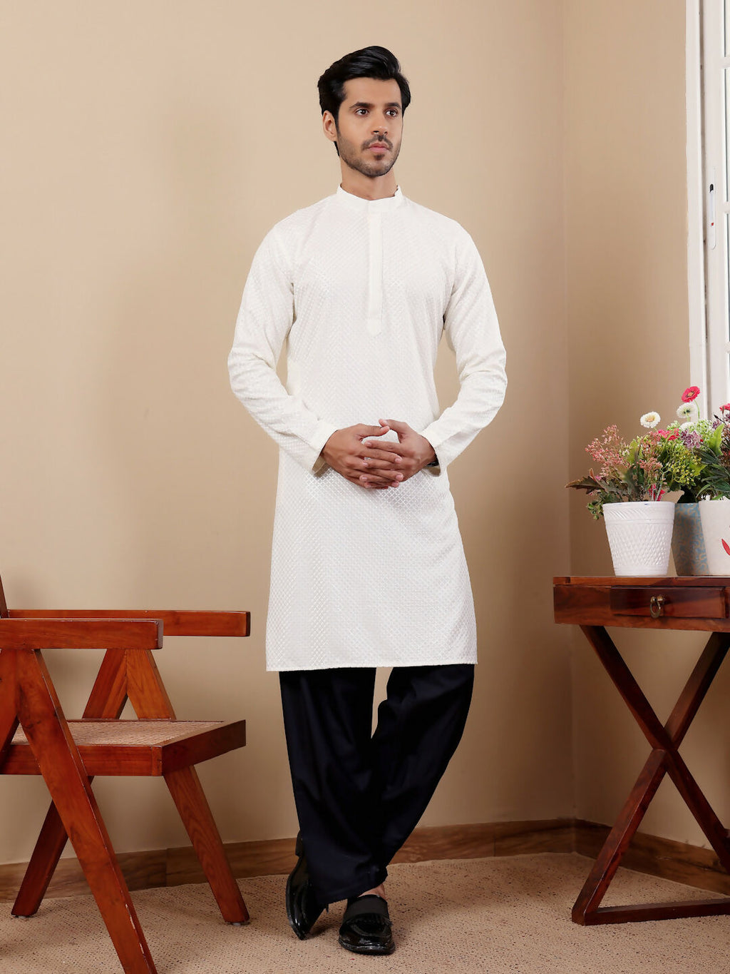 White Viscose Designer Chikankari Embroidery Work Men's Kurta - Mahotsav | Grocsy