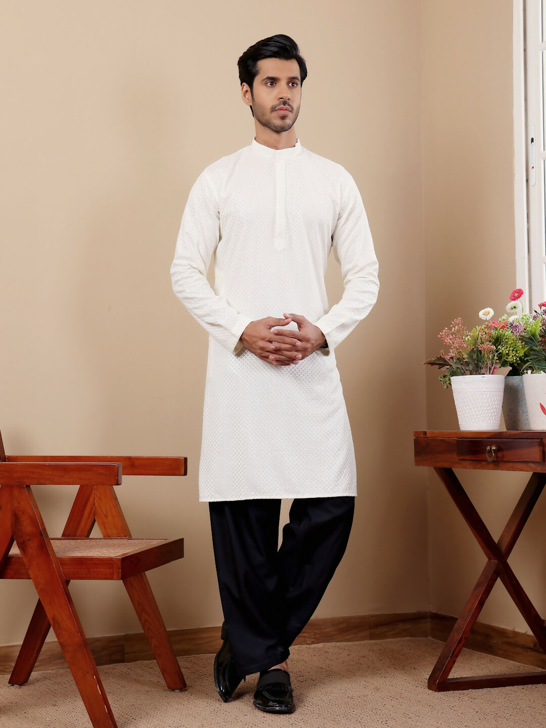 White Viscose Designer Chikankari Embroidery Work Men's Kurta - Mahotsav | Grocsy