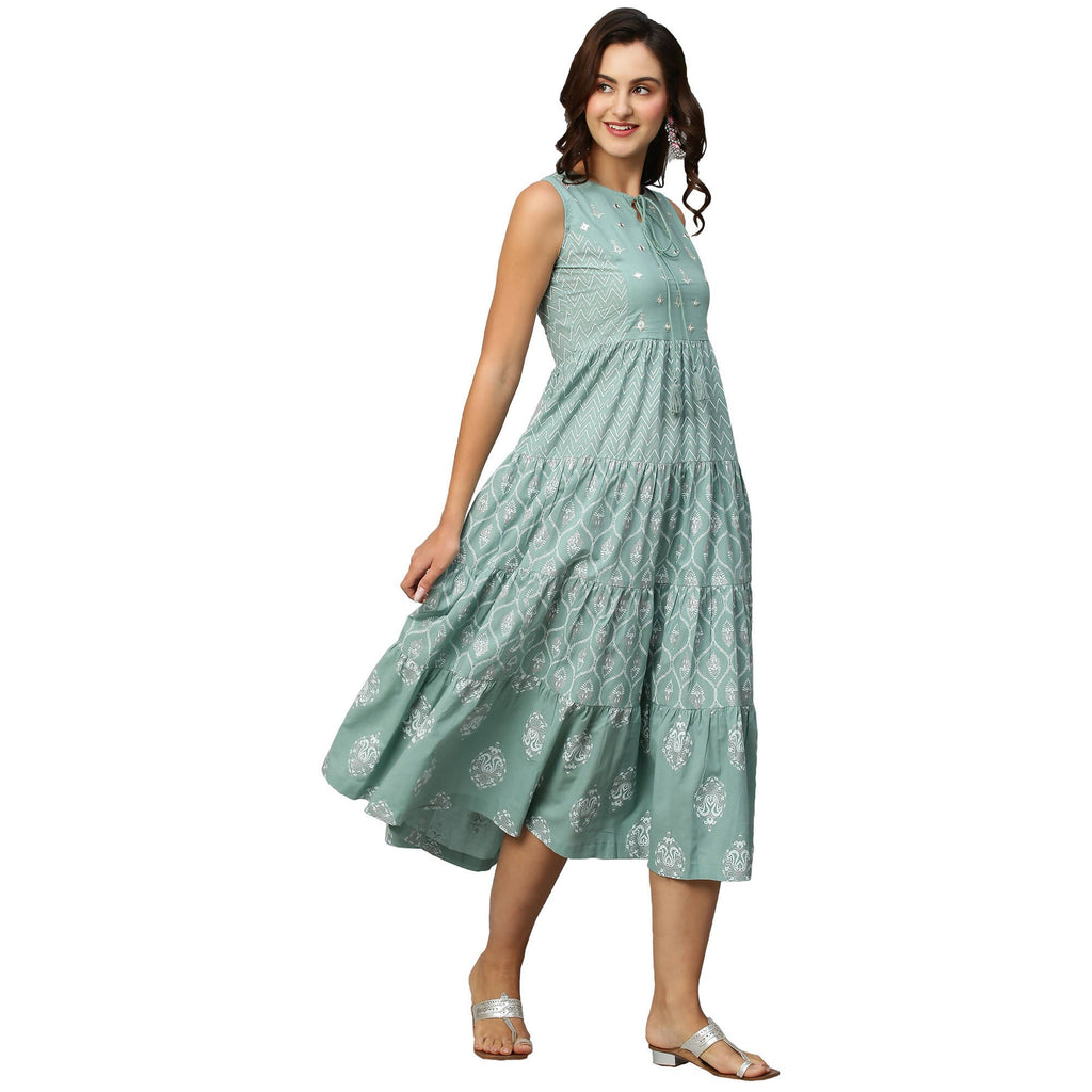 Sea Green & White Ethnic Motifs Embroidered Pure Cotton Maxi A-Line Dress - Poonam | Grocsy