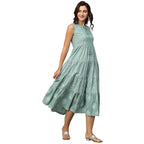 Sea Green & White Ethnic Motifs Embroidered Pure Cotton Maxi A-Line Dress - Poonam | Grocsy