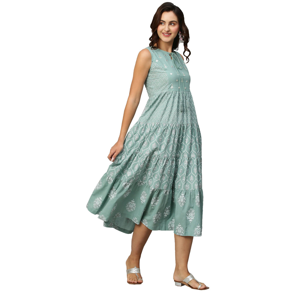 Sea Green & White Ethnic Motifs Embroidered Pure Cotton Maxi A-Line Dress - Poonam | Grocsy