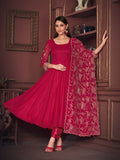 Jyoti Fashion Women's Rani Pink Georgette Embroidered Anarkali Kurta Pant Set With Dupatta | Grocsy