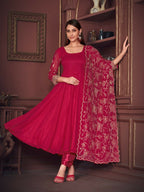 Jyoti Fashion Women's Rani Pink Georgette Embroidered Anarkali Kurta Pant Set With Dupatta | Grocsy