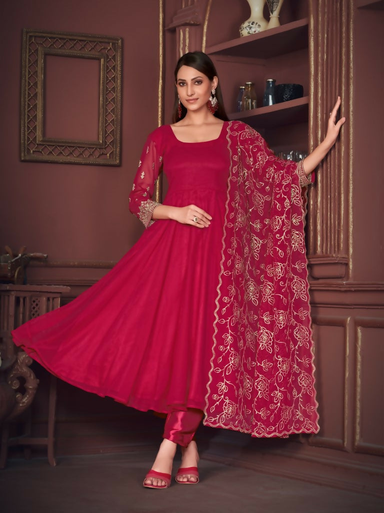 Jyoti Fashion Women's Rani Pink Georgette Embroidered Anarkali Kurta Pant Set With Dupatta | Grocsy