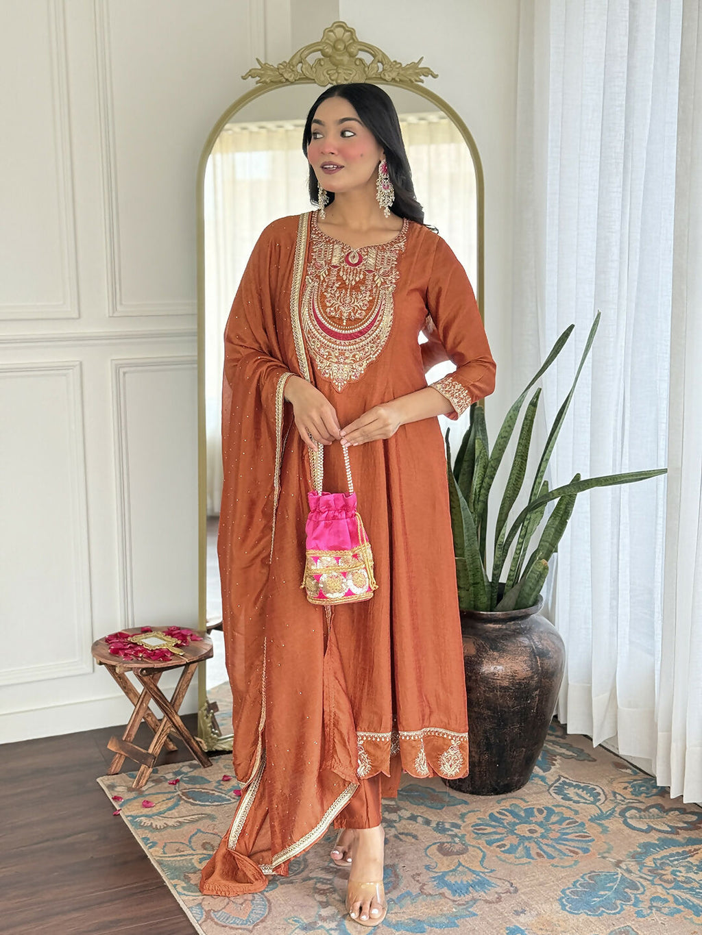 The52 Rust Women's Gorgeous Embroidered Vichitra Silk Fabric Flared Kurta, Pant and Dupatta Set | Grocsy