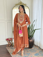 The52 Rust Women's Gorgeous Embroidered Vichitra Silk Fabric Flared Kurta, Pant and Dupatta Set | Grocsy