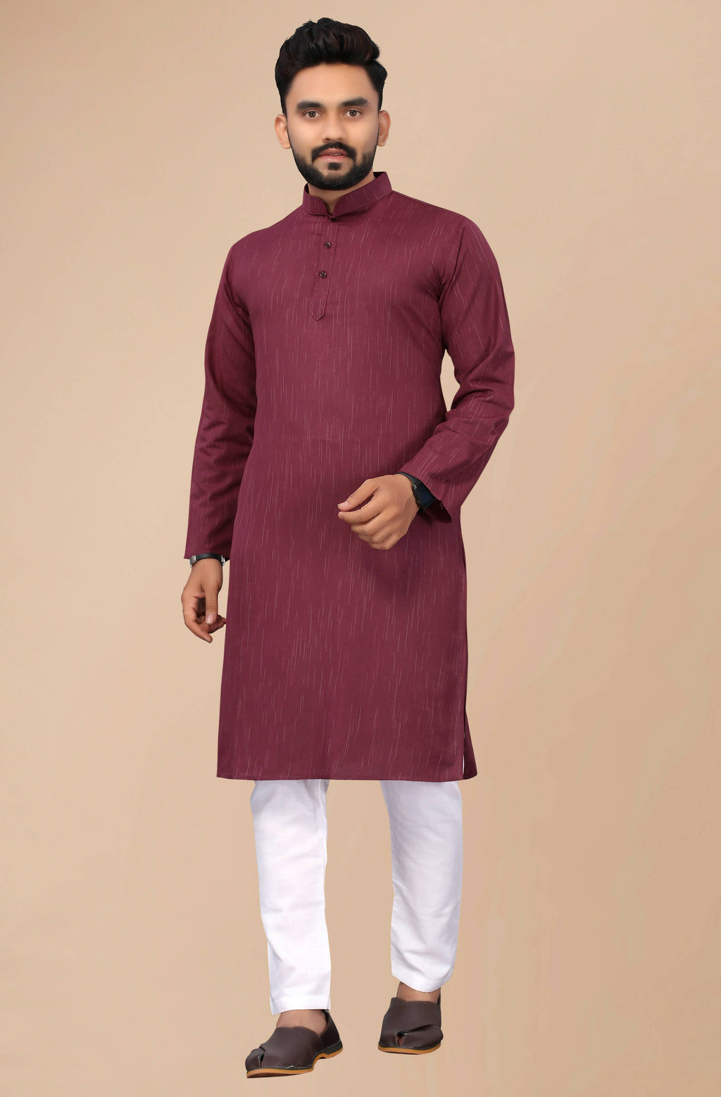 Men's Burgundy Striped Cotton Kurta - Mahotsav | Grocsy