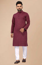 Men's Burgundy Striped Cotton Kurta - Mahotsav | Grocsy