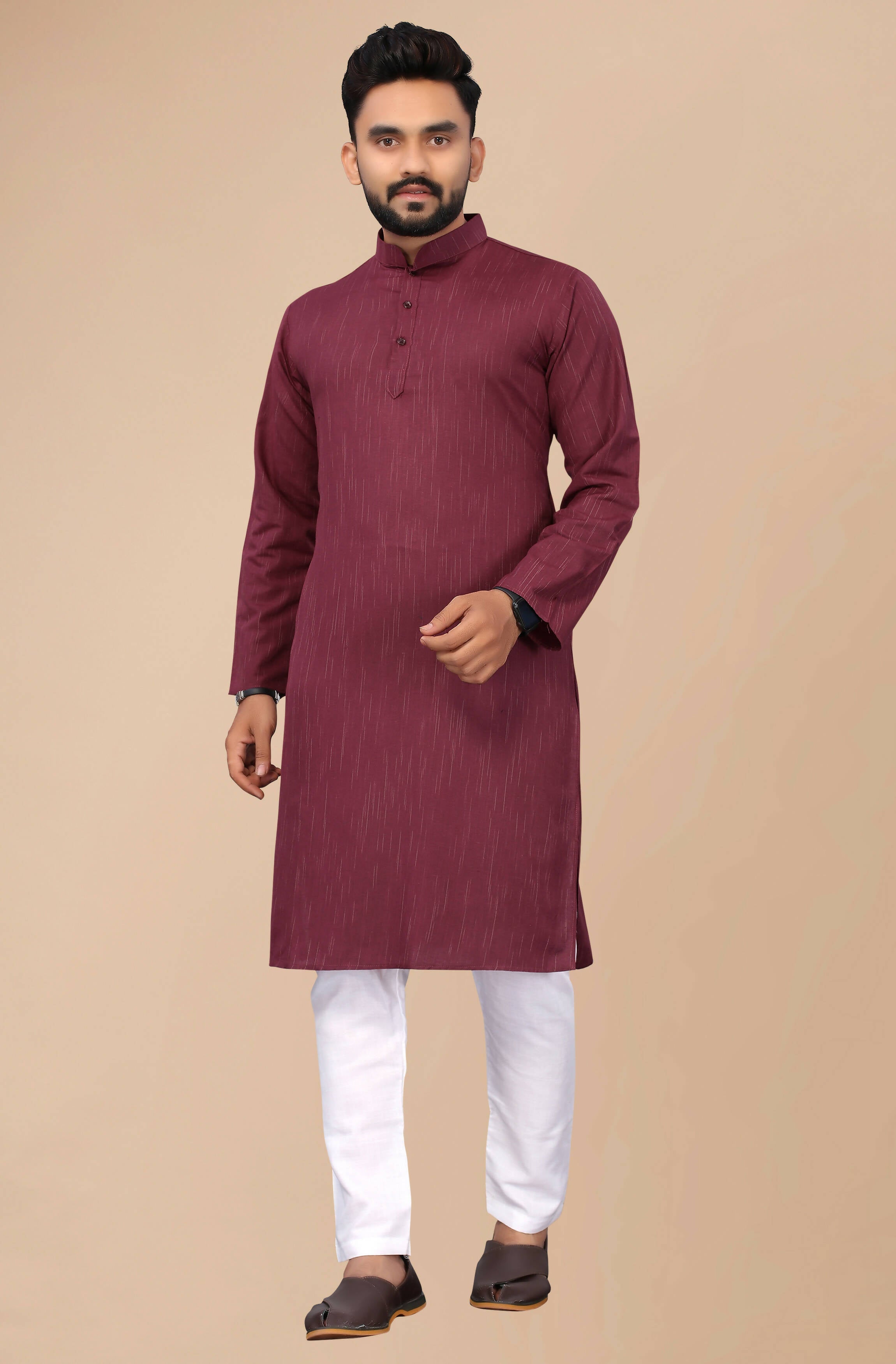 Men's Burgundy Striped Cotton Kurta - Mahotsav | Grocsy