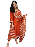 The52 Orange Women's Gorgeous Embroidered work Chanderi Fabric Straight Kurta, Pant and Dupatta Set | Grocsy