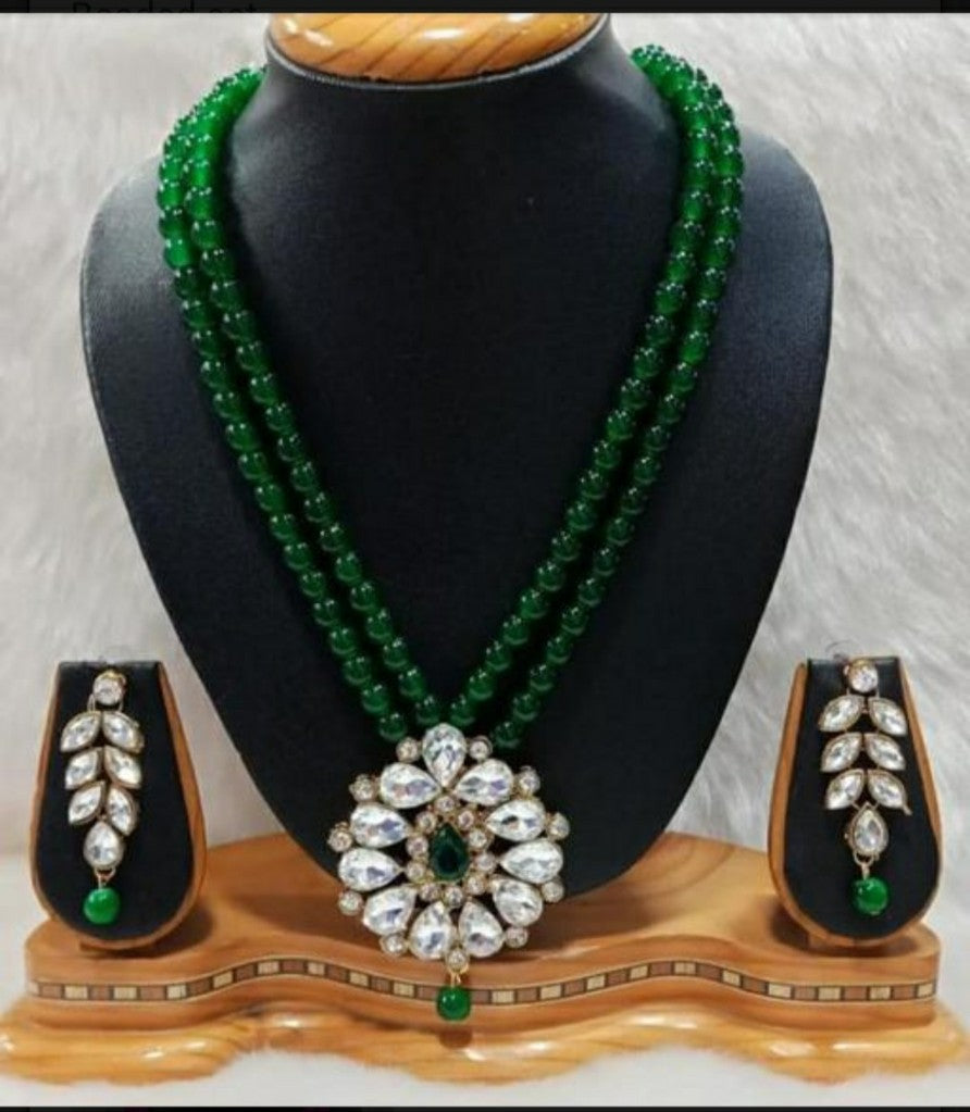Gold-Polished Alloy Green Beaded Rhinestones Pendant Set - The Pari | Grocsy