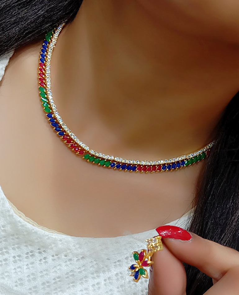 Gold-Polished Alloy American Diamond Studded Designer Necklace Set - The Pari - The Pari - Dinesh Associates