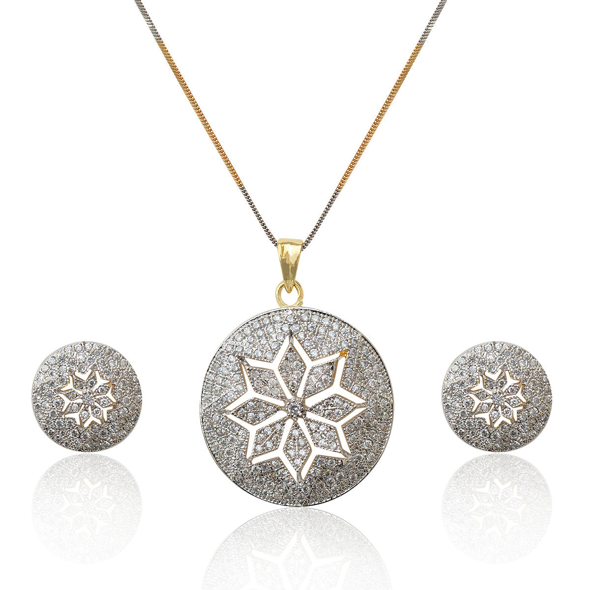 Rhodium-Plated Alloy Round Flower Engraved Ad Pendant Set - The Pari | Grocsy